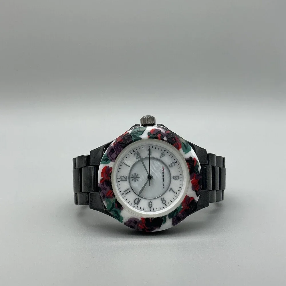 Isaac Mizrahi Live Womens Watch 35mm Floral Bezel MOP Black New Battery 6.5